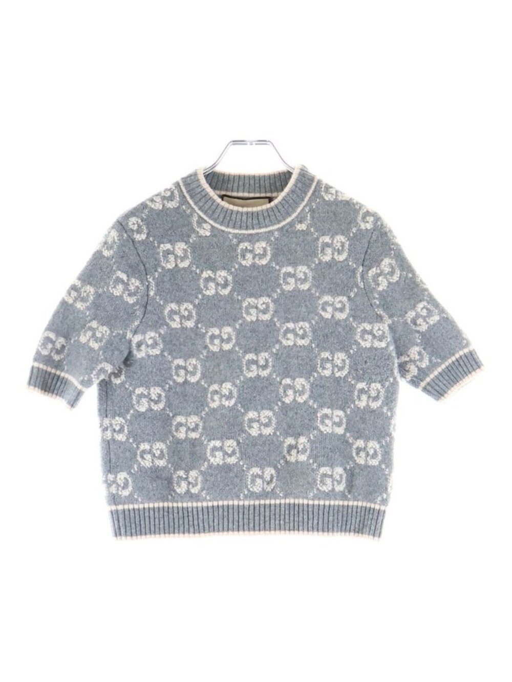 Gucci GG Boucle Wool Jacquard Top Short Sleeve Knit Gray Beige Sweater